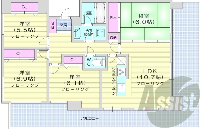 4LDK、都市ガス、エアコン、システムキッチン