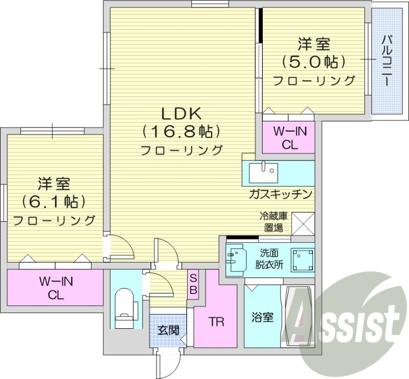 2LDK、オートロック、独立洗面台、角部屋