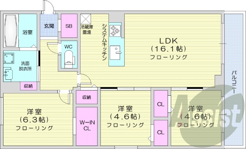 3LDK、エアコン、都市ガス、システムキッチン