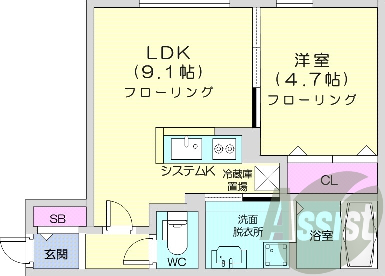 1LDK、エアコン、都市ガス、システムキッチン