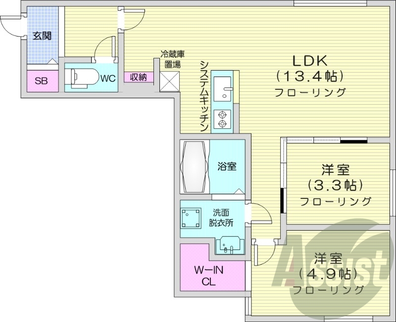 2LDK、エアコン、都市ガス、システムキッチン