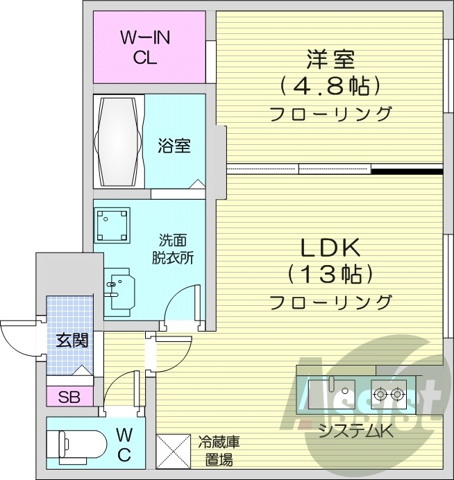 1LDK、エアコン、都市ガス、システムキッチン
