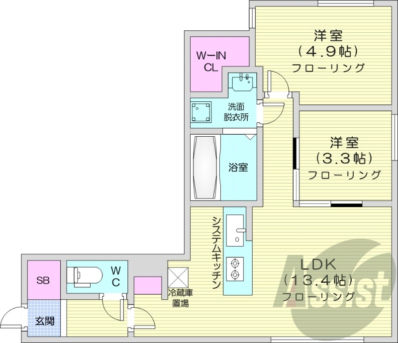 2LDK、エアコン、都市ガス、システムキッチン