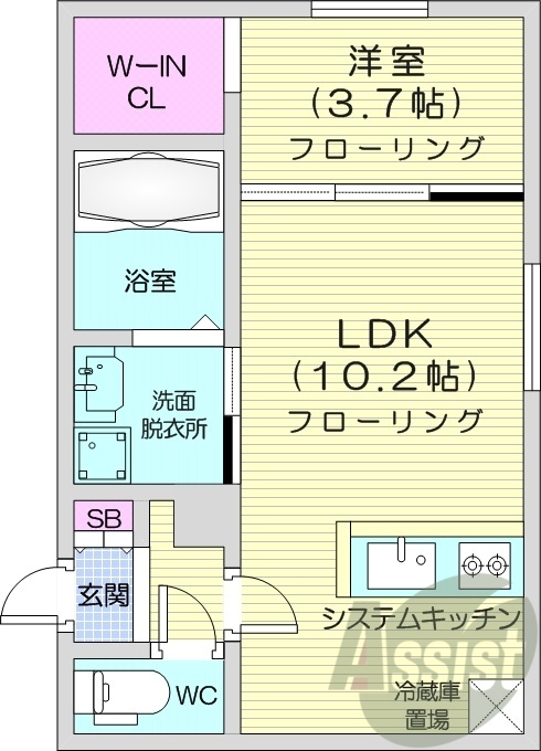 1LDK、エアコン、システムキッチン、ネット無料
