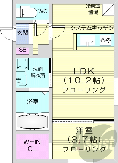 1LDK、エアコン、システムキッチン、ネット無料
