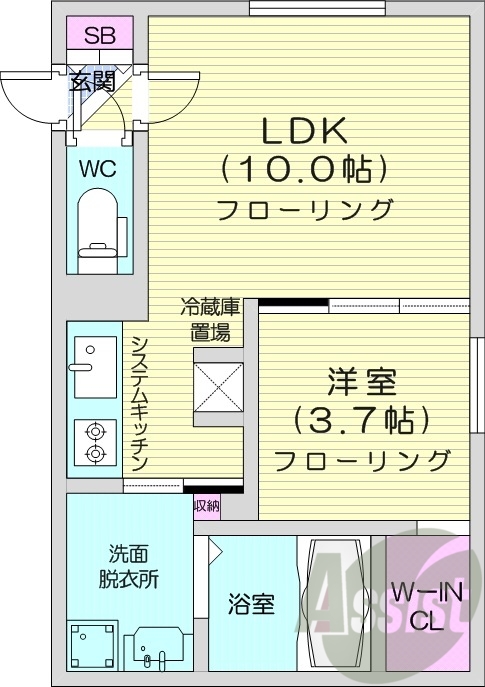 1LDK、エアコン、システムキッチン、ネット無料