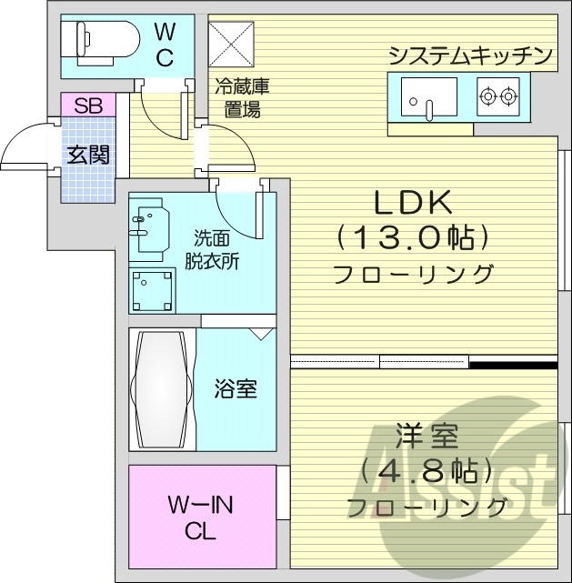 1LDK、エアコン、都市ガス、システムキッチン
