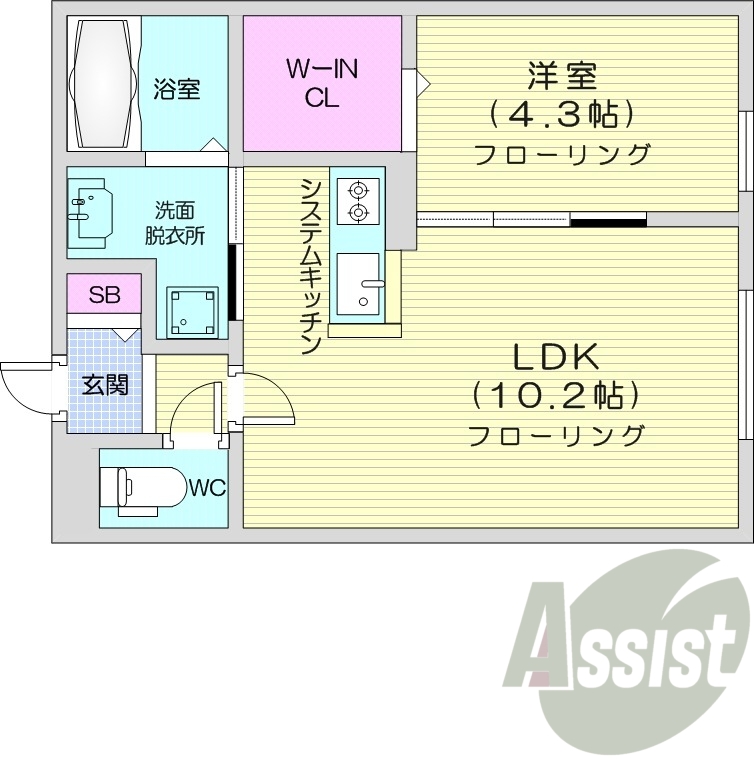 1LDK、エアコン、都市ガス、システムキッチン