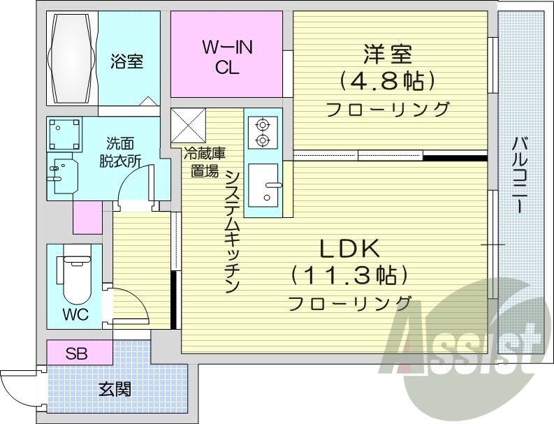 1LDK、エアコン、都市ガス、システムキッチン