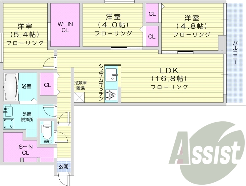 3LDK、エアコン、都市ガス、システムキッチン