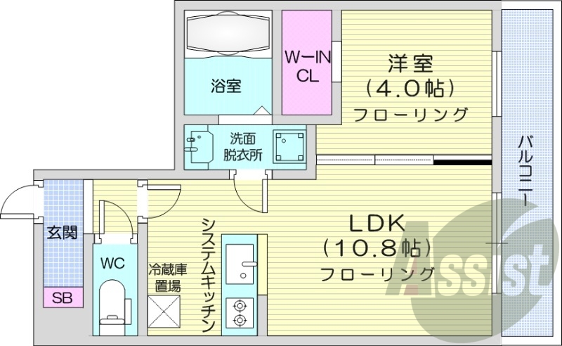 1LDK、エアコン、都市ガス、システムキッチン