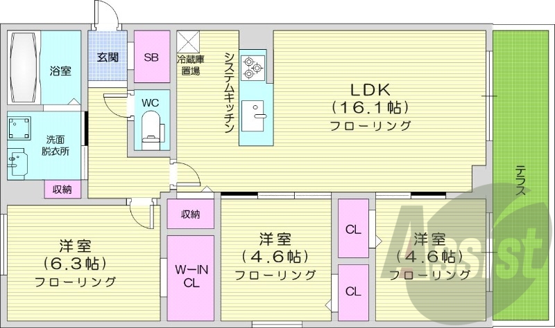 3LDK、エアコン、都市ガス、システムキッチン