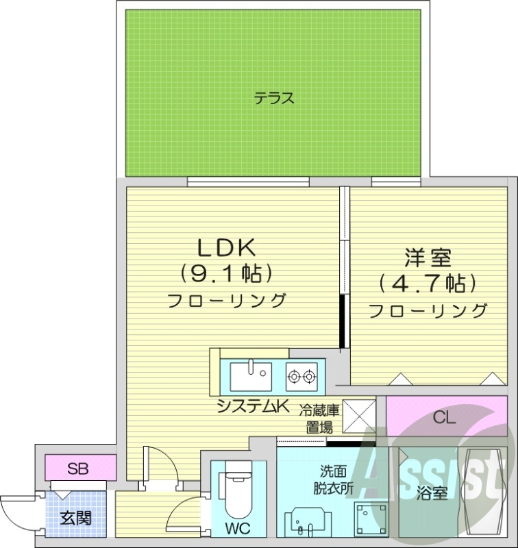 1LDK、エアコン、都市ガス、システムキッチン