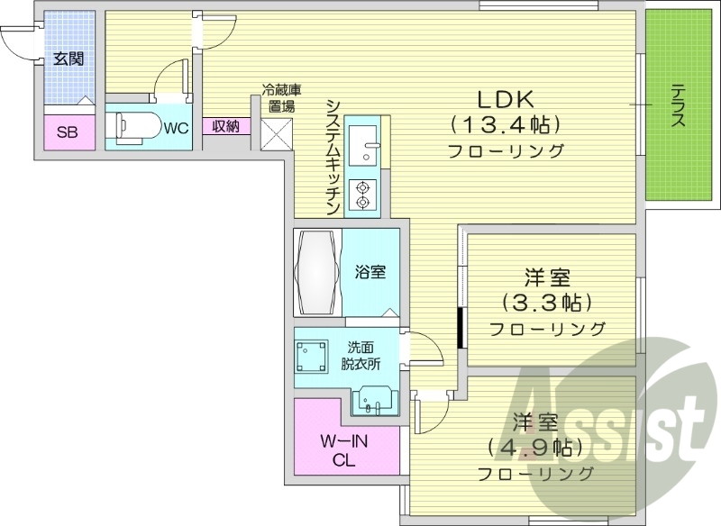 2LDK、エアコン、都市ガス、システムキッチン