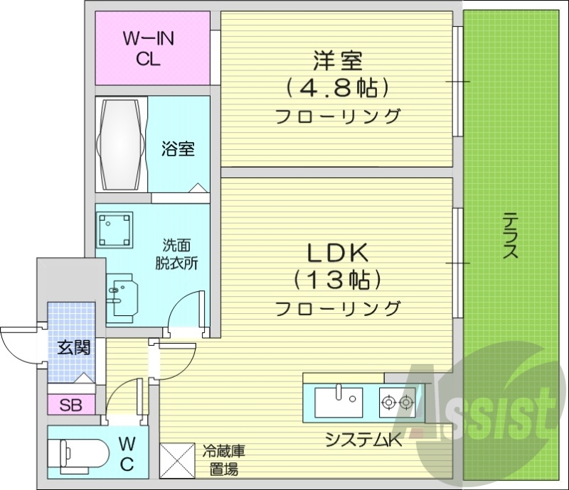 1LDK、エアコン、都市ガス、システムキッチン