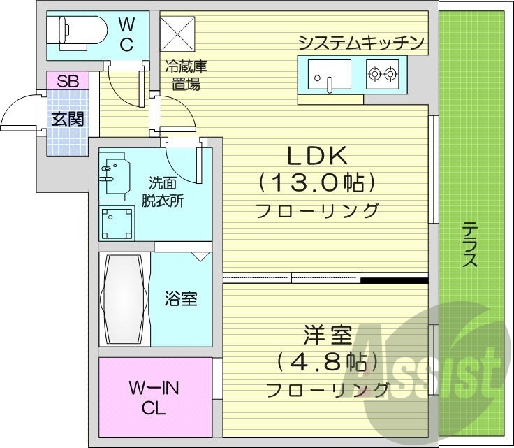 1LDK、エアコン、都市ガス、システムキッチン