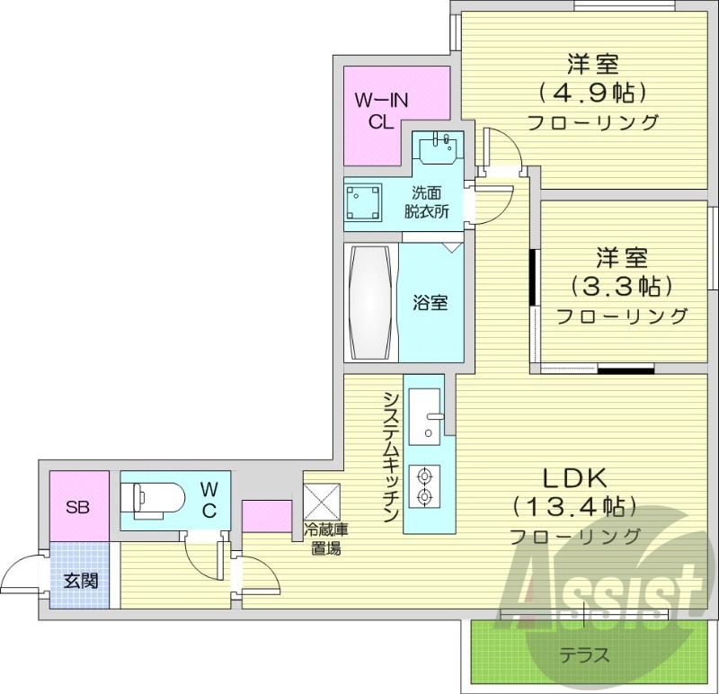 2LDK、エアコン、都市ガス、システムキッチン