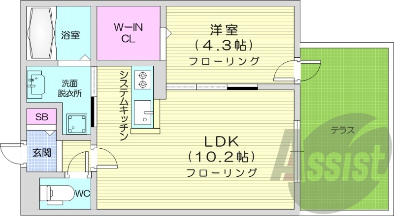 1LDK、エアコン、都市ガス、システムキッチン