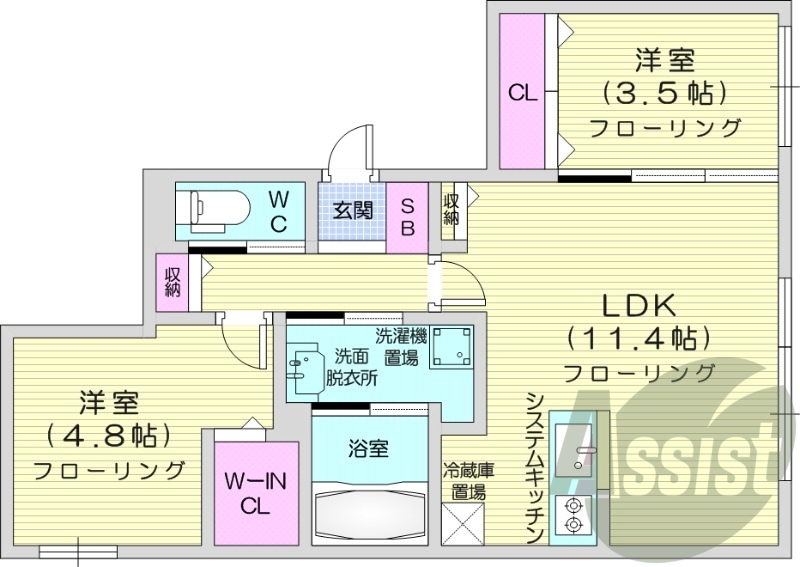 2LDK、エアコン、追い焚き、食洗機、浴室乾燥機