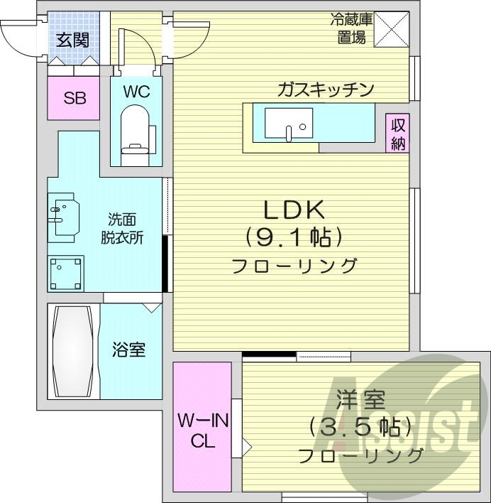 1LDK、都市ガス、エアコン、システムキッチン、ネット無料