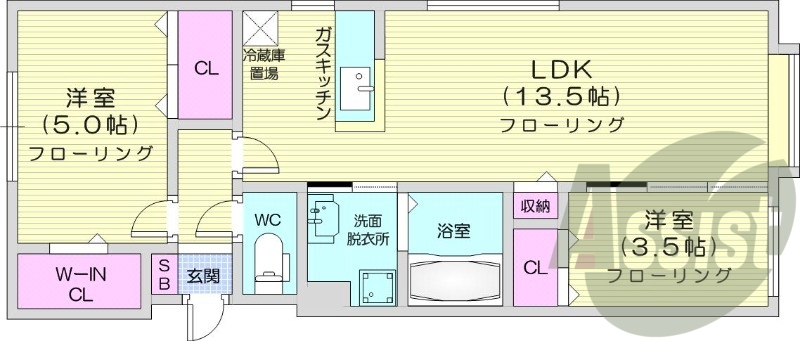 2LDK、都市ガス、エアコン、システムキッチン、ネット無料