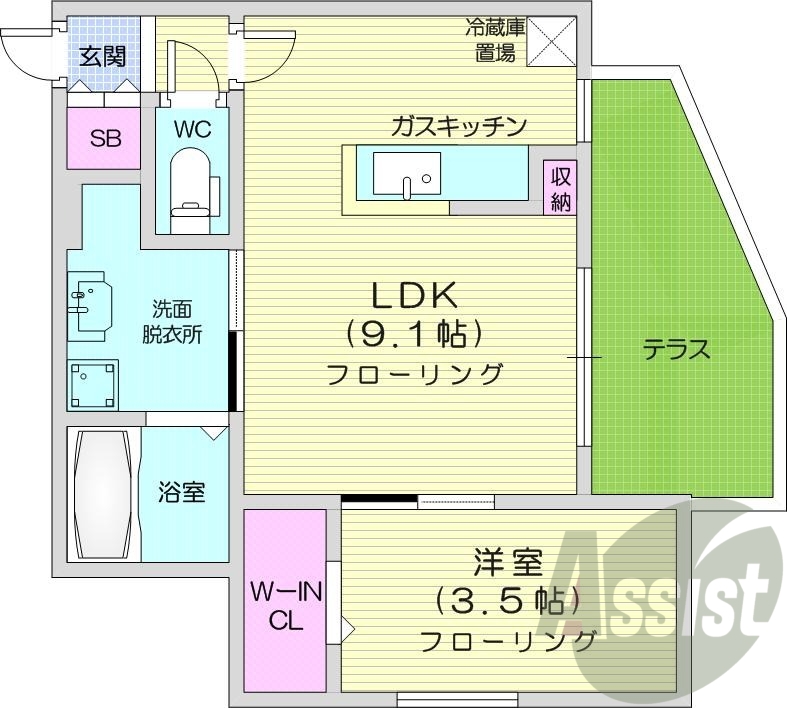 1LDK、都市ガス、エアコン、システムキッチン、ネット無料