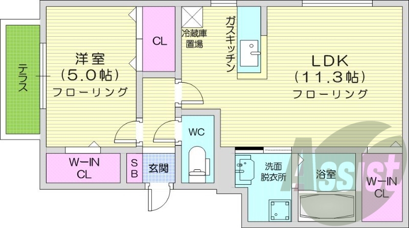 1LDK、都市ガス、エアコン、システムキッチン、ネット無料