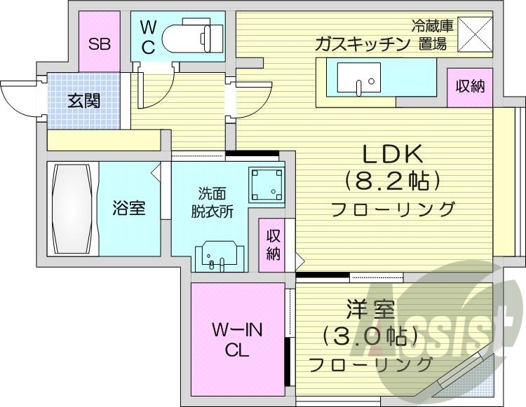 1LDK、都市ガス、エアコン、システムキッチン、ネット無料