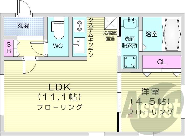 1LDK、都市ガス、システムキッチン、エアコン