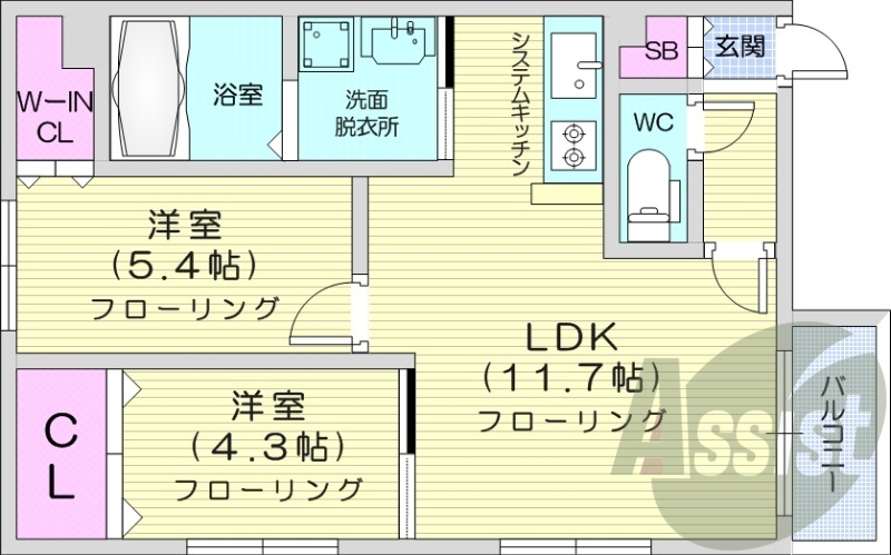 2LDK、独立洗面台、灯油FF暖房、エアコン、バルコニー
