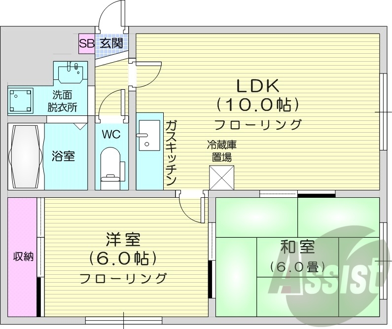 2LDK、角部屋、灯油暖房、ウォシュレット