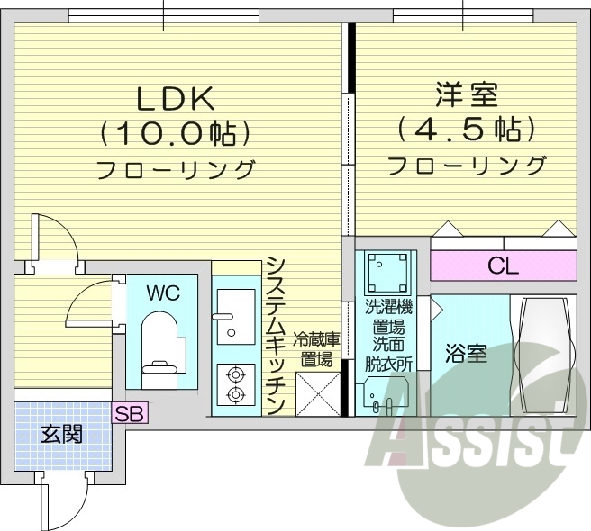 1LDK、都市ガス、独立洗面台、システムキッチン、