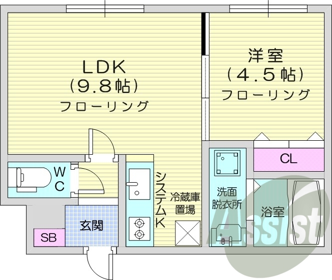 1LDK、都市ガス、オートロック、システムキッチン