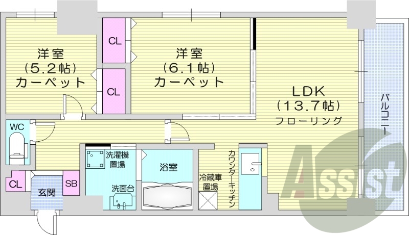 2LDK、独立洗面台、シャワートイレ、バス・トイレ別、