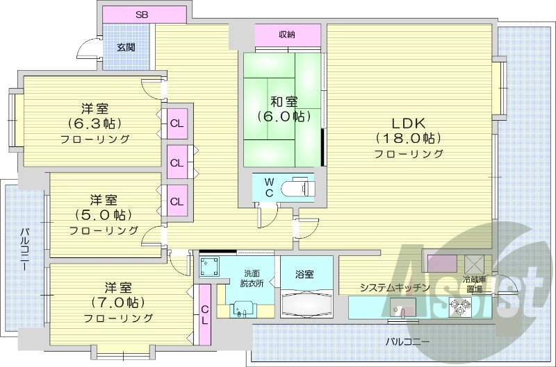 4LDK、エアコン、システムキッチン、ガス暖房、追い焚き機能
