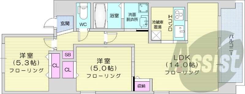 2LDK、角部屋、オートロック、エアコン、ネット無料