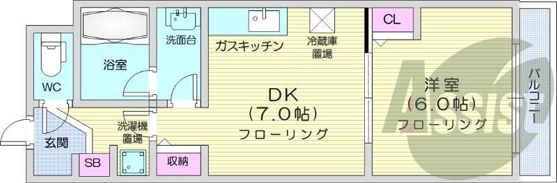 1DK、都市ガス、ガス暖房、宅配BOX、オートロック