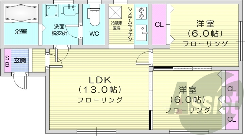 2LDK、システムキッチン、独立洗面台、灯油暖房