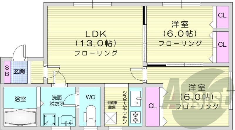 2LDK、システムキッチン、独立洗面台、灯油暖房