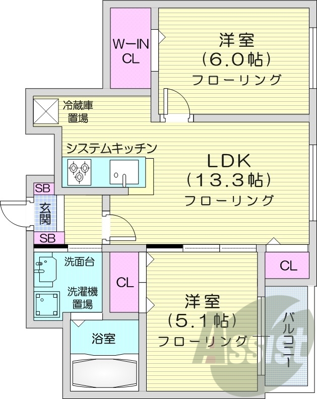 2LDK、都市ガス、システムキッチン、シャワートイレ