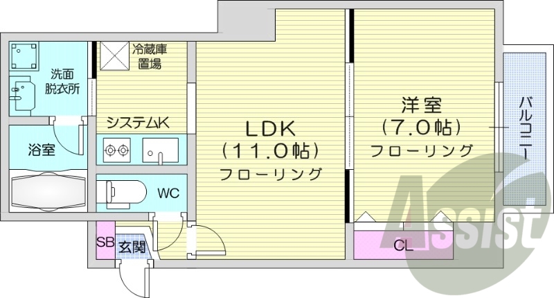 1LDK、都市ガス、独立洗面、クローゼット、バルコニー