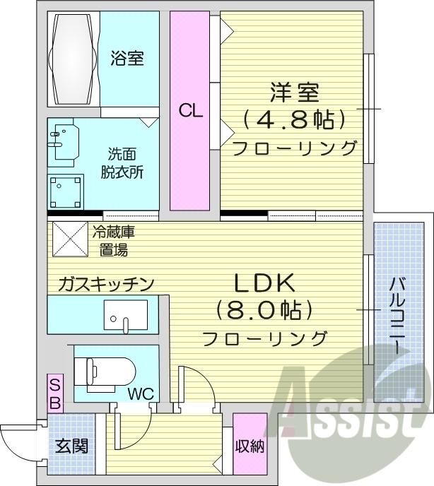 1LDK、灯油暖房、ネット無料、バルコニー