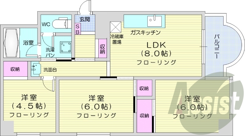 3DK、都市ガス、ガス暖房、オートロック