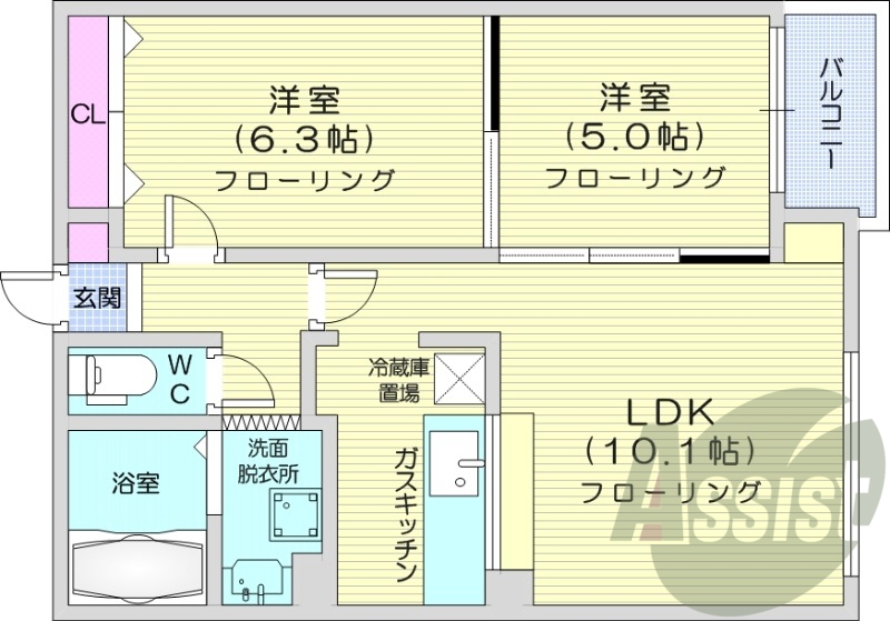 2LDK、エアコン、シャワートイレ、モニタ付インターホン