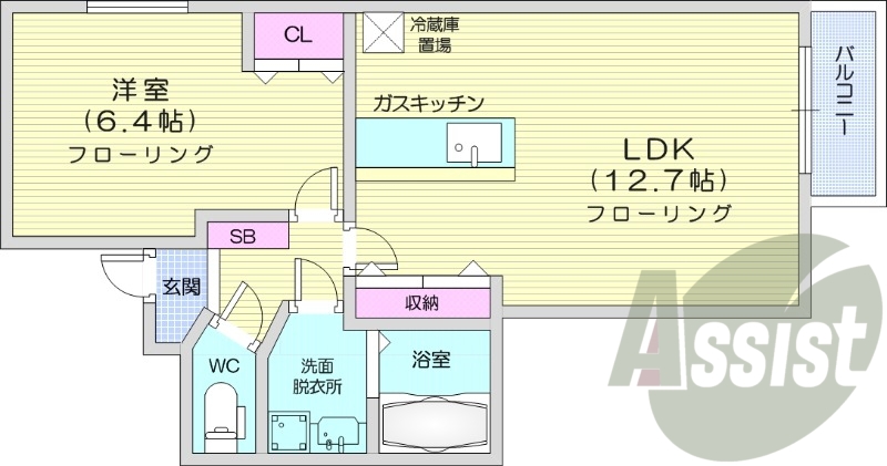 1LDK、灯油暖房、システムキッチン、宅配BOX