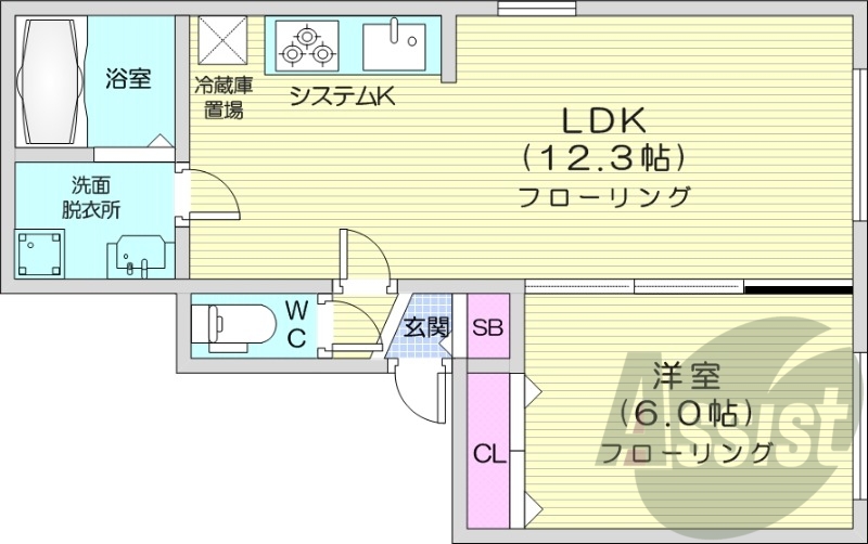 1LDK、灯油暖房、システムキッチン、宅配BOX