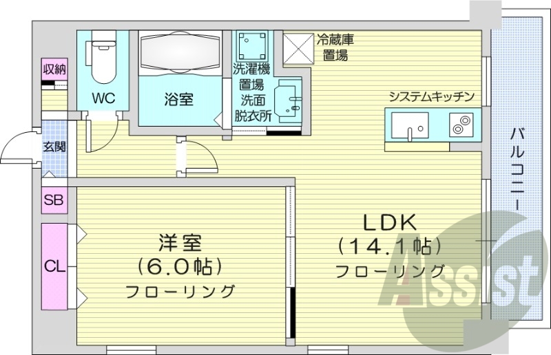 1LDK、IHシステムキッチン、独立洗面台、ウォシュレット付