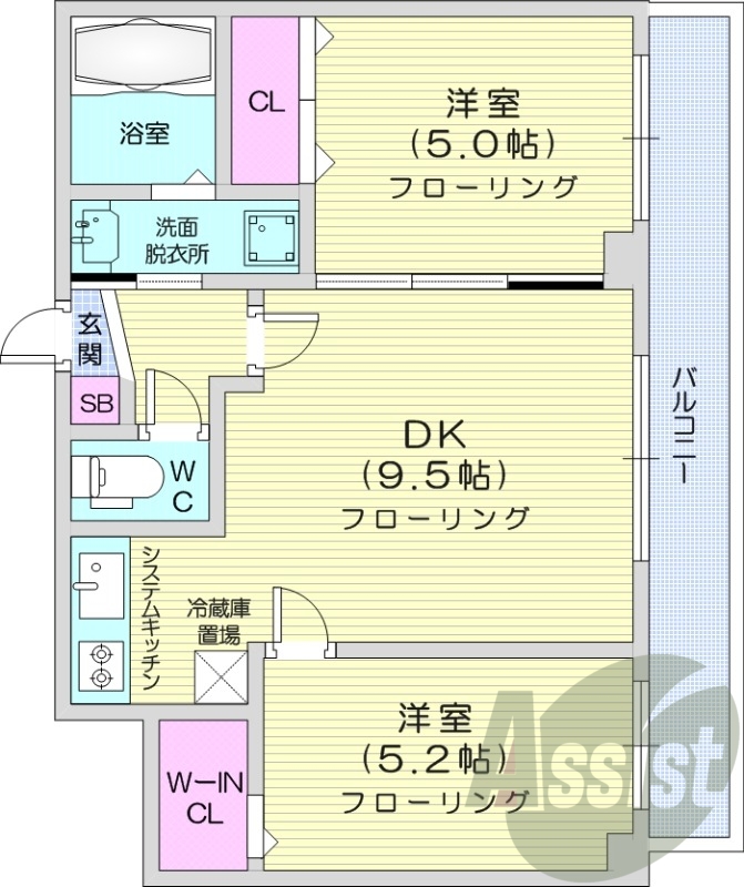 2DK、システムキッチン、エアコン、シャンプードレッサー
