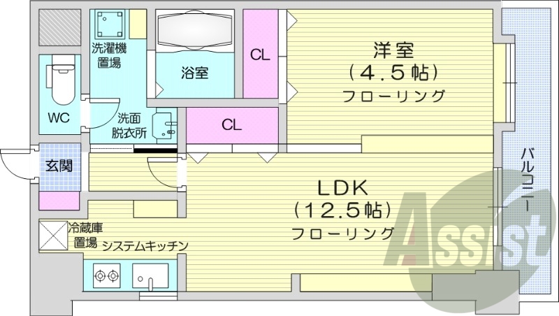 1LDK、都市ガス、追い焚き、エアコン、システムキッチン