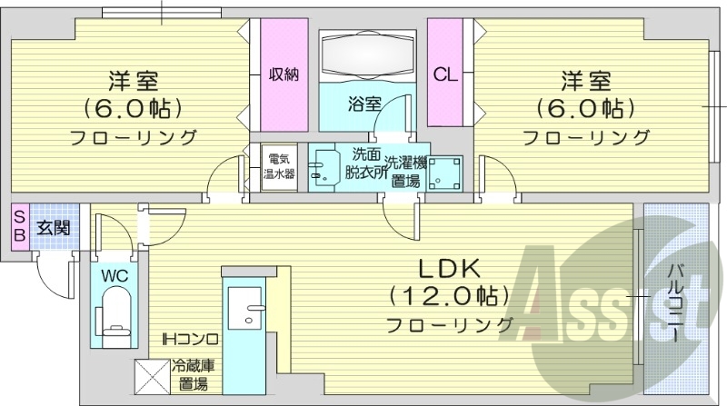 2LDK、エアコン、宅配ボックス、オール電化